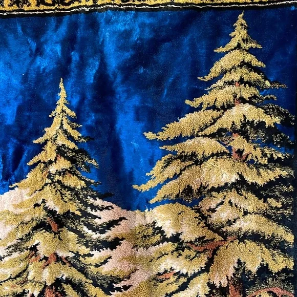 Vintage Velvet Italian Tapestry Rug Wall Hanging of Mountain Scene Buck & Deer